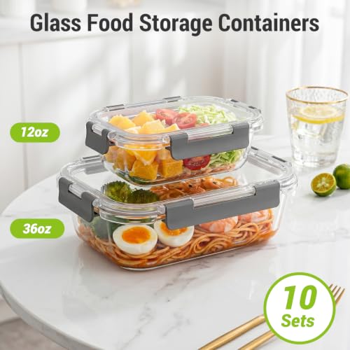 Dealusy 10 Sets (20-Piece) 36 oz & 12 oz Glass Food Storage Containers with lids, Airtight Leak-proof Glass Meal Prep Containers with Lids, Microwave Oven Freezer Dishwasher Safe, Gray - color: Gray