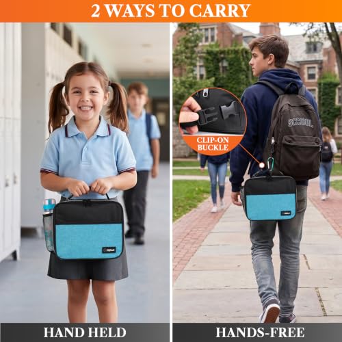 opux Insulated Lunch Bag for Kids, Reusable Lunch Box for School with Leakproof Lining, Compact Soft Cooler Tote for Boys & Girls, Front Pocket, Mesh Side Bottle Holder (Heather Sea Blue) - color: Heather Sea Blue
