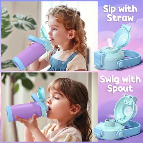 Fimibuke Kids Insulated Water Bottle with Pop-Open Straw & Spout 2-in-1 Lid, 18oz Leak Proof 18/8 Stainless Steel Vacuum Tumbler, BPA-Free Kids Cup For Travel School Boys Girls Toddler 2 Packs - color: Farm & Marine Animals, size: 18 Ounces