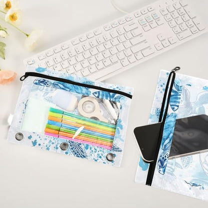 Kcldeci Pencil Pouch for 3 Ring Binder, Tropical Fish and Sea Turtle 2 Pack Binder Pencil Pouch with Clear Window Pencil Bags with Zipper Pencil Case for Binder - color: A05