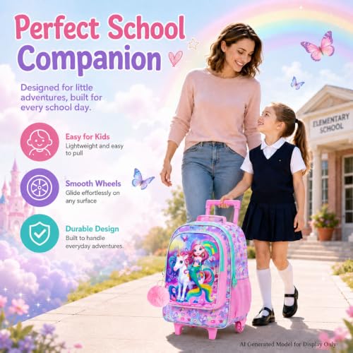 gxtvo Girls Rolling Backpack, Cute Mermaid Roller Wheels Kids Bookbag - Wheeled Elementary School Bag - 3PCS Mermaid - color: Uv Printing Mermaid Unicorn Pink Rolling Backpack