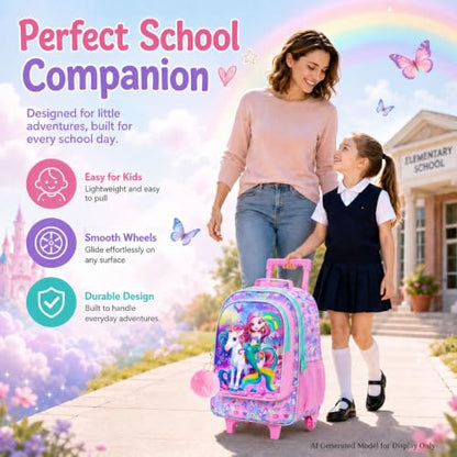 gxtvo Girls Rolling Backpack, Cute Mermaid Roller Wheels Kids Bookbag - Wheeled Elementary School Bag - 3PCS Mermaid - color: Uv Printing Mermaid Unicorn Pink Rolling Backpack