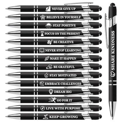 Personalized 15 Pack Motivational Pen Set Stylus Pens Ballpoint | Designed with Inspirational Quotes Retractable Pens for Office School Supplies, Encouragement Gifts for Women Men, Black - color: Black, style: Positive