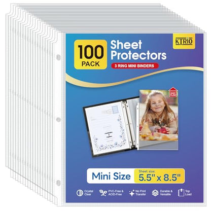 KTRIO Sheet Protectors 5.5 x 8.5 for Mini Binder 100 Pack, Heavyweight | Clear Half Letter Page Protectors, Heavy-Duty Acid-Free Paper Sleeves, 3-Hole Punched, Top Loading for Office, School, Home