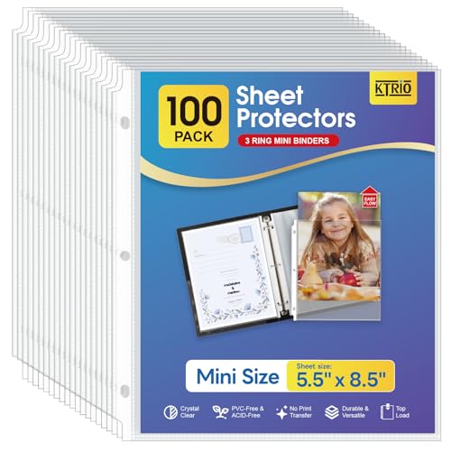 KTRIO Sheet Protectors 5.5 x 8.5 for Mini Binder 100 Pack, Heavyweight | Clear Half Letter Page Protectors, Heavy-Duty Acid-Free Paper Sleeves, 3-Hole Punched, Top Loading for Office, School, Home