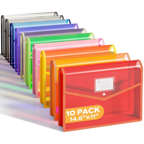 Deli 10 Pack Plastic Expanding File Folder, Folders for Documents with Snap Closure, Colorful File Folder Organizer, Transparent Accordion File Organizer, Large Capacity, Fit Legal/B4 Size, 9 Colors - size: B4 Size- 14.6''L × 11''W
