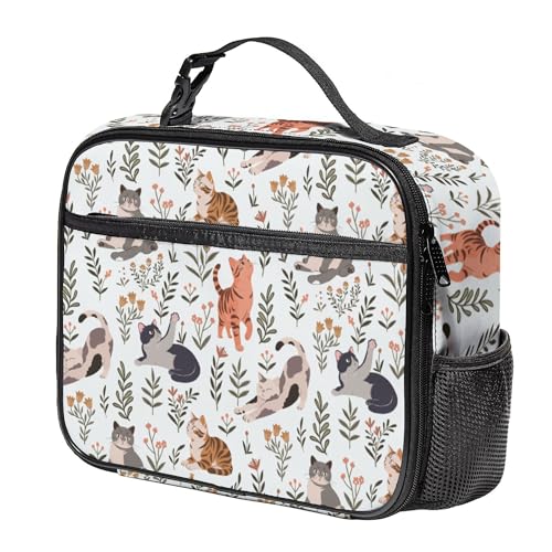WOBAGMEN Large Lunch Box, Insulated Reusable Lunch Bag with Water Bottle Holder Portable Waterproof Leakproof Lunch Tote Bag Cute Lunch Box(Cream Cat Floral) - color: Cream Cat Floral