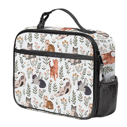 WOBAGMEN Large Lunch Box, Insulated Reusable Lunch Bag with Water Bottle Holder Portable Waterproof Leakproof Lunch Tote Bag Cute Lunch Box(Cream Cat Floral) - color: Cream Cat Floral