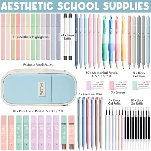 65PCS Aesthetic School Supplies Back to School Supplies Cute Stationary Set | College Essentials Kit with Pencil Case, Pastel Highlighters Gel Pens Mechanical Pencil Set 0.5 0.7 & 2.0mm for Student Girls - color: Blue