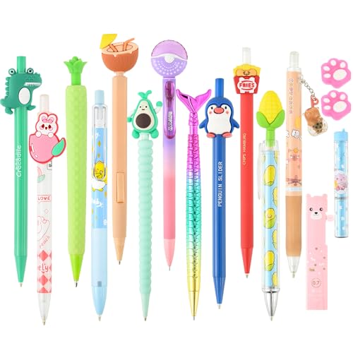 12PCS Cute Mechanical Pencils 0.5/0.7mm with Eraser & Lead Refills | Kawaii Cartoon Mechanical Pencil Set Bulk Pack