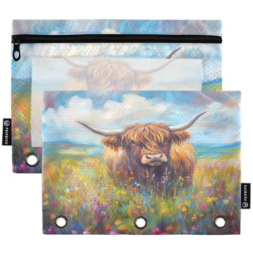 Studying 2 Pack Artistic Highland Cow Colors Flower Painting 3 Ring Binder Pencil Pouch Bags,Clear Window Zipper Storage Case for Boys Girls School Office Supplies Cosmetics Organizers - color: Multi-highland Cow