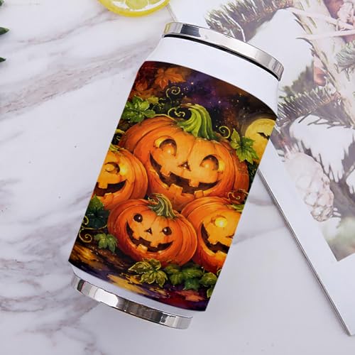 T&H XHome Halloween 14oz Stainless Steel Tumbler with Lid & Straw-Double Wall Vacuum Insulated Travel Mug Vintage Pumpkins Evil Fall Water Bottle Coffee Beverage Drinks Cup - size: 14 Ounces