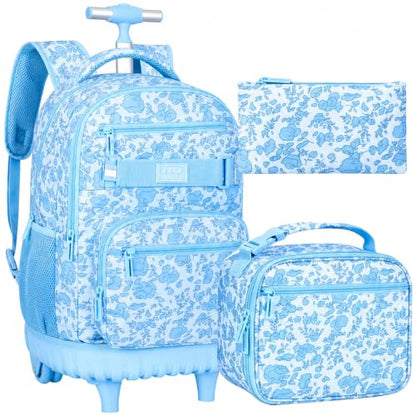 gxtvo Girls Backpack with Wheels, Women Roller Bookbag with Lunch Box for Adults, Water Resistant Wheeled School Bag for College Teens Kids Travel - Blue Flower - color: Girls Rolling Backpack Blue Flower