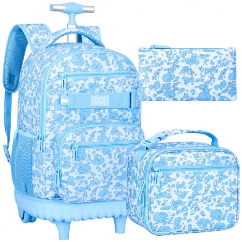 gxtvo Girls Backpack with Wheels, Women Roller Bookbag with Lunch Box for Adults, Water Resistant Wheeled School Bag for College Teens Kids Travel - Blue Flower - color: Girls Rolling Backpack Blue Flower