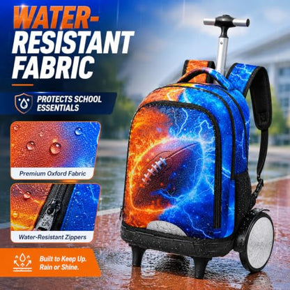 AGSDON Quiet Rolling Backpack with Lunch Box Set – Large‑Wheel Water‑Resistant Wheeled Bag for School, Outings, and Travel | Fire-Lightning Rugby 3‑Piece Organizer Backpack - color: Big Wheel Rolling Backpack Fire-lightning Rugby