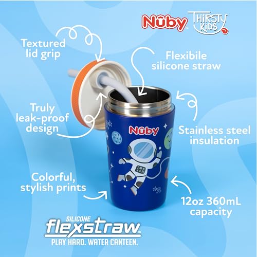 Nuby Thirsty Kids Insulated Toddler Cup with Silicone Flexstraw - 12 oz - Stainless Steel and Leak-Resistant - 18+ Months - Astronaut - color: Astronaut
