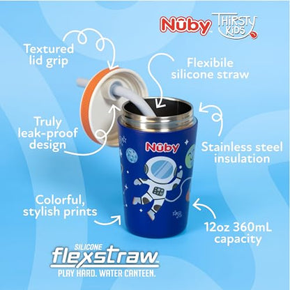 Nuby Thirsty Kids Insulated Toddler Cup with Silicone Flexstraw - 12 oz - Stainless Steel and Leak-Resistant - 18+ Months - Astronaut - color: Astronaut