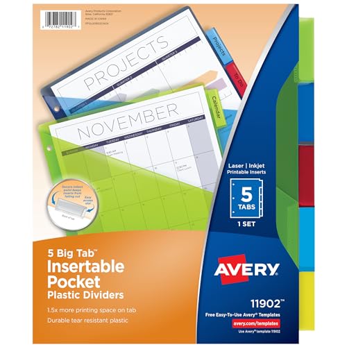 Avery Dividers for 3 Ring Binders, 5 Tab Plastic Binder Dividers, Pockets, Insertable Big Tabs, Multicolor, Extend Beyond Sheet Protectors, 1 Set (11902)