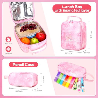 Jafeton Backpacks for Girls, Girls Backpack with Insulated Lunch Bag and Pencil Case for Kids Teens Elementary Middle High School Student, Cute Bow School Bag Travel Daypacks Book Bag Set - color: Pink