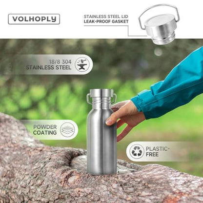 Volhoply 20oz Uninsulated Single Walled Water Bottle, Stainless Steel Reusable Water Bottles with Handle & Carabiner, BPA Free 18/8 304 Sports Water Bottles for Camping Hiking(Silver,1) - color: Silver