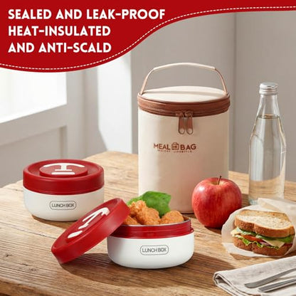 Dandat 2 Pcs Portable Insulated Lunch Containers Thermal Bento Box with Bag Fork Knife Stainless Steel Lunch Box 15.2 oz 21 oz Separate Stackable Food Jar for Adult Men Women(Red) - color: Red