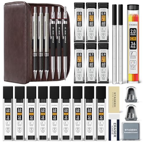 STAGEEK Drawing Pencil Set with Leather Bag 30 Count, Mechanical Pencils 0.5, 0.7, 0.9MM & 3PCS 2MM Sketch Pencils with 464PCS Lead Refills (6B 4B 2B HB 2H 4H Color) for Artist Drafting Drawing - style: 0.5, 0.7, 0.9, 2MM with Leather Bag