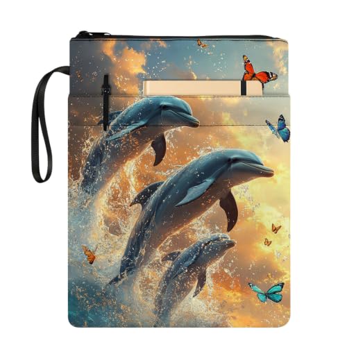 Padded Book Sleeve with Zipper & Front Pocket, Fabric Book Cover | Sunset Ocean Dolphins Sea11.4"x8.7" Washable Canvas Pouch for Hardcovers, Tablets & Reading Accessories - color: Sunset Ocean Dolphins Sea