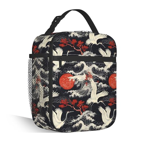 Retro Japanese Crane Lunch Bag, Insulated Reusable Lunch Tote Gift | Adorable japanese design lunch cooler bag for girls, kids and adults, perfect for school, work, travel and daily meals - color: Retro Japanese Crane