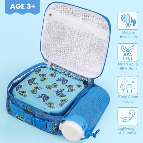 Kids Lunch Box Set with Bento Box, 9oz Stainless Steel Thermo & Insulated Lunch Bag – Hot & Cold Leakproof Lunch Container with Utensils for School & Travel, Blue Set - color: Blue