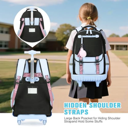 Bevalsa Rolling Backpack for Girls, 3PCS Roller School Backpacks with Lunch Box & Pen Case, Kids Bookbag Schoolbag with Wheels for Teen Girl Kindergarten Elementary Middle School - color: Black Blue
