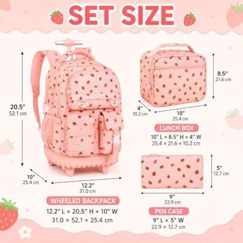 WZLVO 3PCS Wheeled Backpack, Water Resistance Rolling Bookbag for Girls, Women Aesthetic Roller School Bag Set with Lunch Box & Pencil Bag for Teens & Kids - Pink Strawberry - color: 3pcs Girls Rolling Backpack - Pink Strawberry