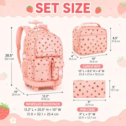 WZLVO 3PCS Wheeled Backpack, Water Resistance Rolling Bookbag for Girls, Women Aesthetic Roller School Bag Set with Lunch Box & Pencil Bag for Teens & Kids - Pink Strawberry - color: 3pcs Girls Rolling Backpack - Pink Strawberry