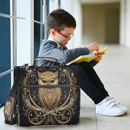 Gold Owl Zipper Binder 3 Ring with Shoulder Strap and Handle Multiple Pockets Expanding File Folder Organizer