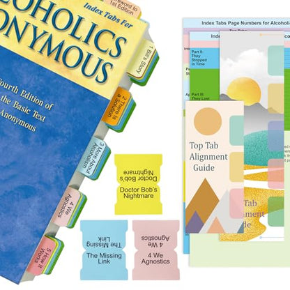 Upgraded Index tabs for Alcoholics Anonymous: The Big Book 4th Edition,90 Book Tabs, Color-Coded with Alignment Card & Page Numbers Sheet & Bookmark, Laminated Durable, Book Not Included