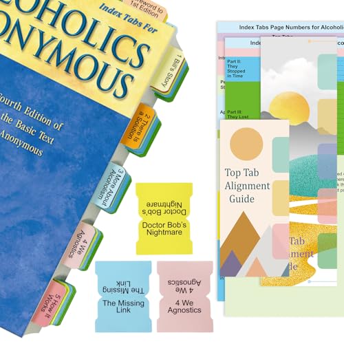 Upgraded Index tabs for Alcoholics Anonymous: The Big Book 4th Edition,90 Book Tabs, Color-Coded with Alignment Card & Page Numbers Sheet & Bookmark, Laminated Durable, Book Not Included