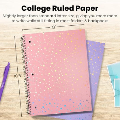 Yoobi College Ruled 8 x 10.5” Spiral Notebook Set – 3-Pack of 1 Subject Notebooks, Pink, Purple & Black Celestial Patterns – 150 Perforated 3-Hole Punched Sheets - color: Holographic Constellation, size: Pack of 3