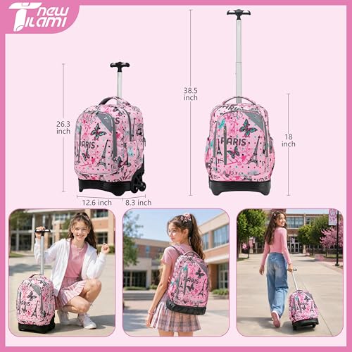 NEW TILAMI 18 inch Rolling Backpack for Kids Waterproof, Adjustable Handle Stair Climbing, Large Storage for School, Travel, Girls & Boys, Pink Romantic Paris - color: Pink Romantic Paris