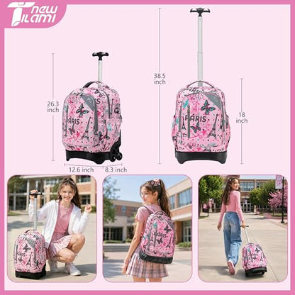 NEW TILAMI 18 inch Rolling Backpack for Kids Waterproof, Adjustable Handle Stair Climbing, Large Storage for School, Travel, Girls & Boys, Pink Romantic Paris - color: Pink Romantic Paris