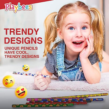 Playbees Emoticon No 2 Pencils for Kids - 72 Pack Bulk Kids Pencils #2 with Erasers - Assorted Smiley Birthday Party Favors, Classroom Prizes, Goody Bag Stuffers, Teacher's Educational Supplies - style: 72 Pack