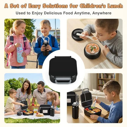 Bento Lunch Box for Kids with 7oz Soup Thermo,Insulated Stainless Steel Kids Water Bottle with Straw and Insulated Lunch Bag,Leak-Proof Lunch Food Container with Ice Pack for School(Black) - color: Black