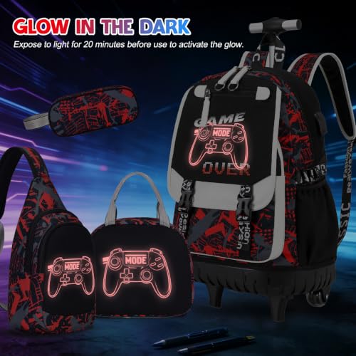Bevalsa Rolling Backpack for Boys, Roller Backpack with Wheels, Wheeled School Bag with Sling Bag, Lunch Box & Pen Case for Kids Children Teens Elementary Middle Student Glow In The Dark - color: Red