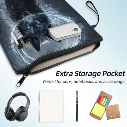 Padded Book Sleeve with Zipper & Front Pocket, Fabric Book Cover | Mystic Smoke Black Wolf11.4"x8.7" Washable Canvas Pouch for Hardcovers, Tablets & Reading Accessories - color: Mystic Smoke Black Wolf