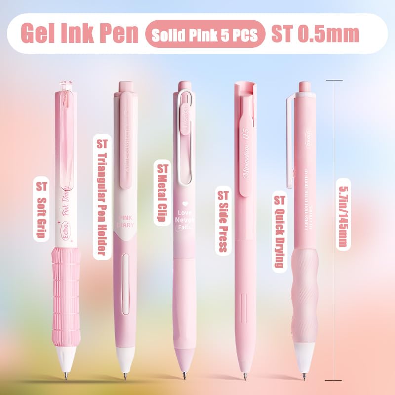 5 Count Pastel Gel Ink Pen Set,Cute Note Taking 0.5mm Fine Point Retractable 5 Count Black Ink Pens for Writing, Journaling, School, Office (Light Pink) - color: Light Pink