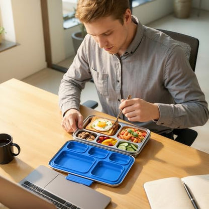 Pawtong Stainless Steel Lunch Box, 5-Compartment Bento Lunch Box for Kids & Adults,Metal Lunch Box with Removable Silicone Container, Lunch Box Containers for School,Office (Blue) - color: Blue