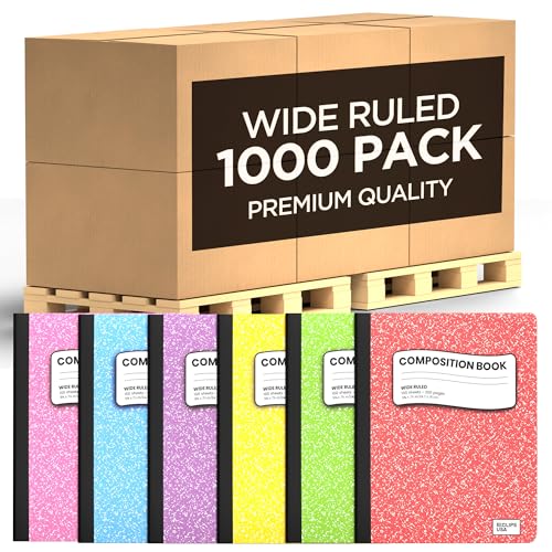 E-CLIPS USA Wide Ruled Composition Notebook Wide Ruled Hardcover Notebooks for School Supplies Notebooks Bulk Hardcover Notebook Pastel 100 Sheets 200 Pages 9.75” x 7.25” (1000 Pack, Wide Ruled) - size: 1000 Pack