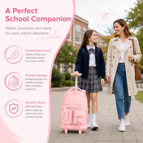 KLFVB Rolling Backpack for Girls, 3PCS Roller Bookbag with Lunch Bag for Kids, Wheeled School Bag for Teen - Pink Ribbon Bow - color: Pink Ribbon Bow Rolling Backpack