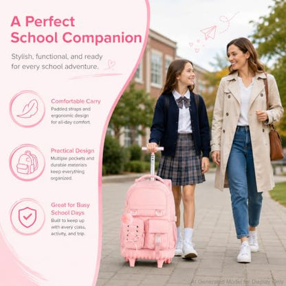 KLFVB Rolling Backpack for Girls, 3PCS Roller Bookbag with Lunch Bag for Kids, Wheeled School Bag for Teen - Pink Ribbon Bow - color: Pink Ribbon Bow Rolling Backpack