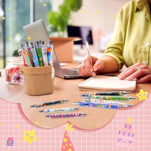 Cholemy 48 Pieces Happy Birthday Pens Bulk Happy Birthday Ballpoint Pens Colorful Cake Balloon Black Ink Gift for Party Supplies - style: Happy Birthday