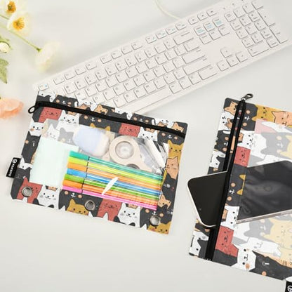 Binder Pencil Pouches, Fat Cute Cats Pattern Pencil Case with Clear Window 3 Rings Pen Case Holder Office Supplies - color: Multi-Cartoon Cute Cats