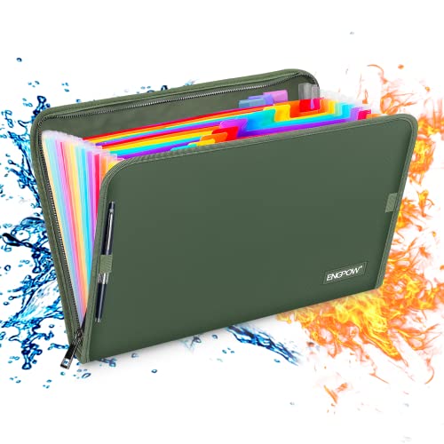 ENGPOW 13 Pocket Expanding File Folder,Fireproof Accordion File Folder Document Organizer with Zipper Closure,Document Folder Safe with Colorful Tabs,A4 Letter Size for Travel,Home,Office,Green - color: Green, size: 13 Multicolored Pockets